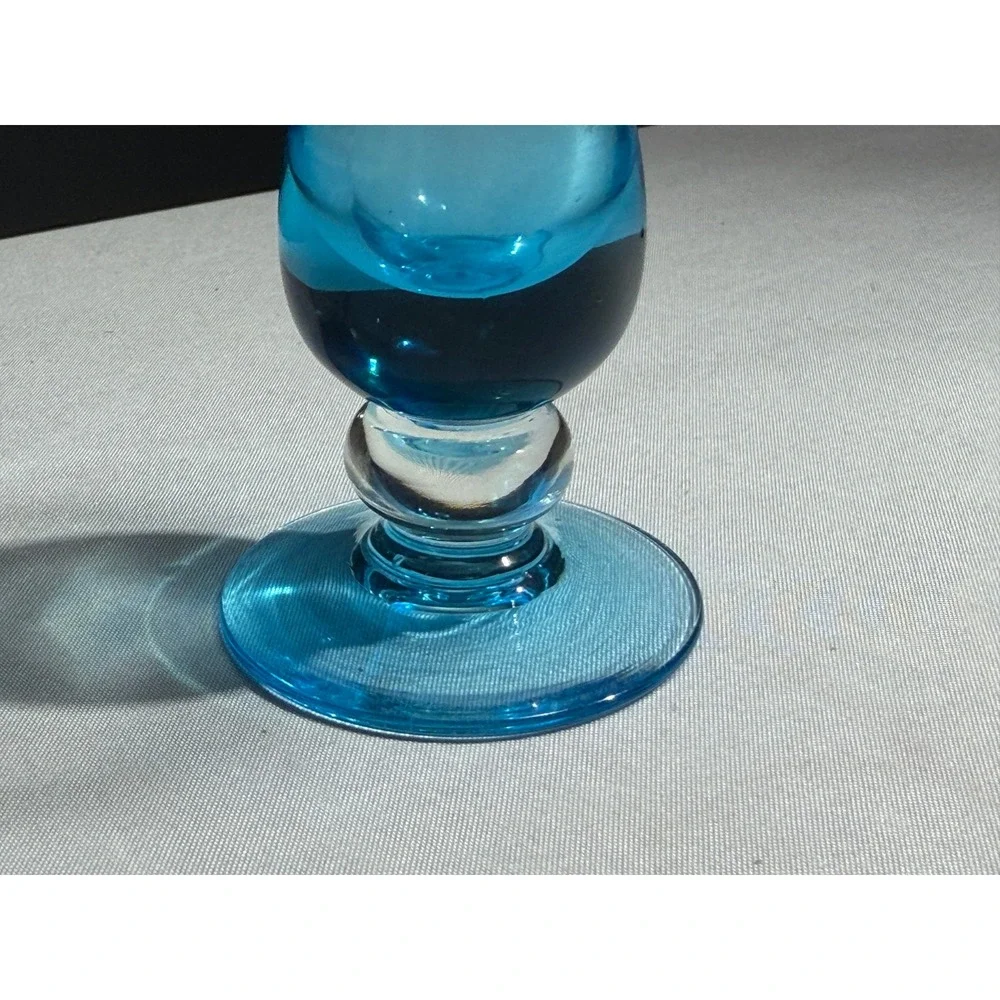 Vintage Blue Hand Blown Art Glass Bud Vase Hourglass Pedestal Base MCM